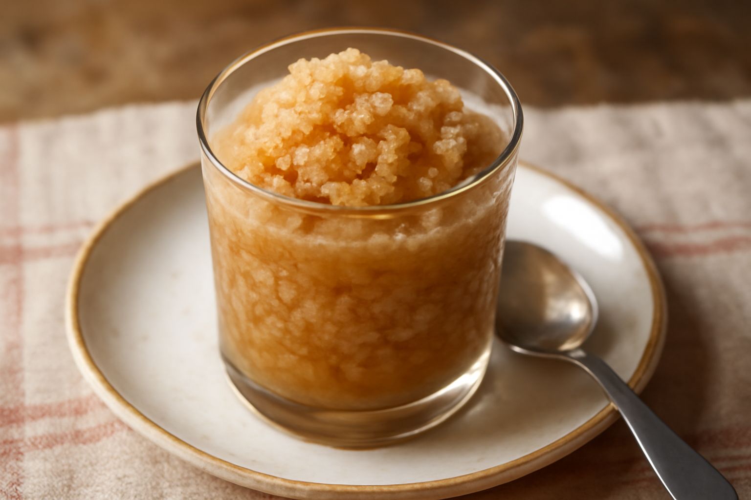 Granita di caffè e orzo in bicchiere di vetro trasparente, color nocciola pallido con cristalli di ghiaccio visibili, servita con cucchiaio di legno piatto, contorno di bicchiere bagnato da condensa