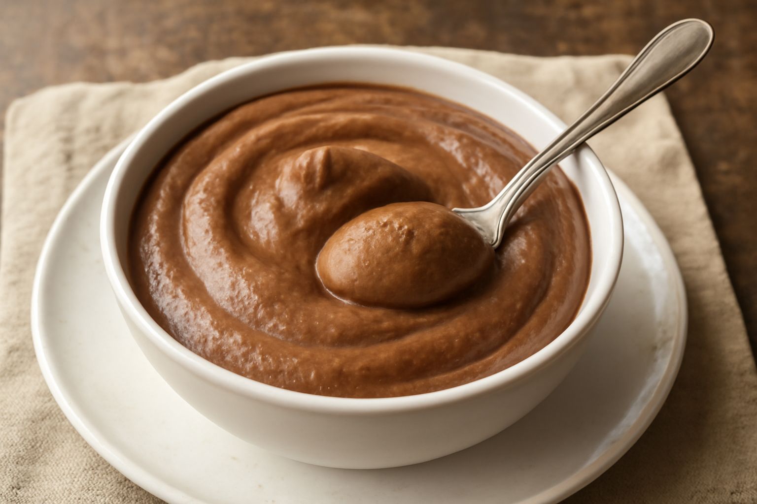 Granita di caffè messinese color marrone scuro e cremoso in una coppa di vetro trasparente, servita con un cucchiaio di metallo. Accanto una brioche dolce e una tazza di caffè. Su sfondo bianco e pian