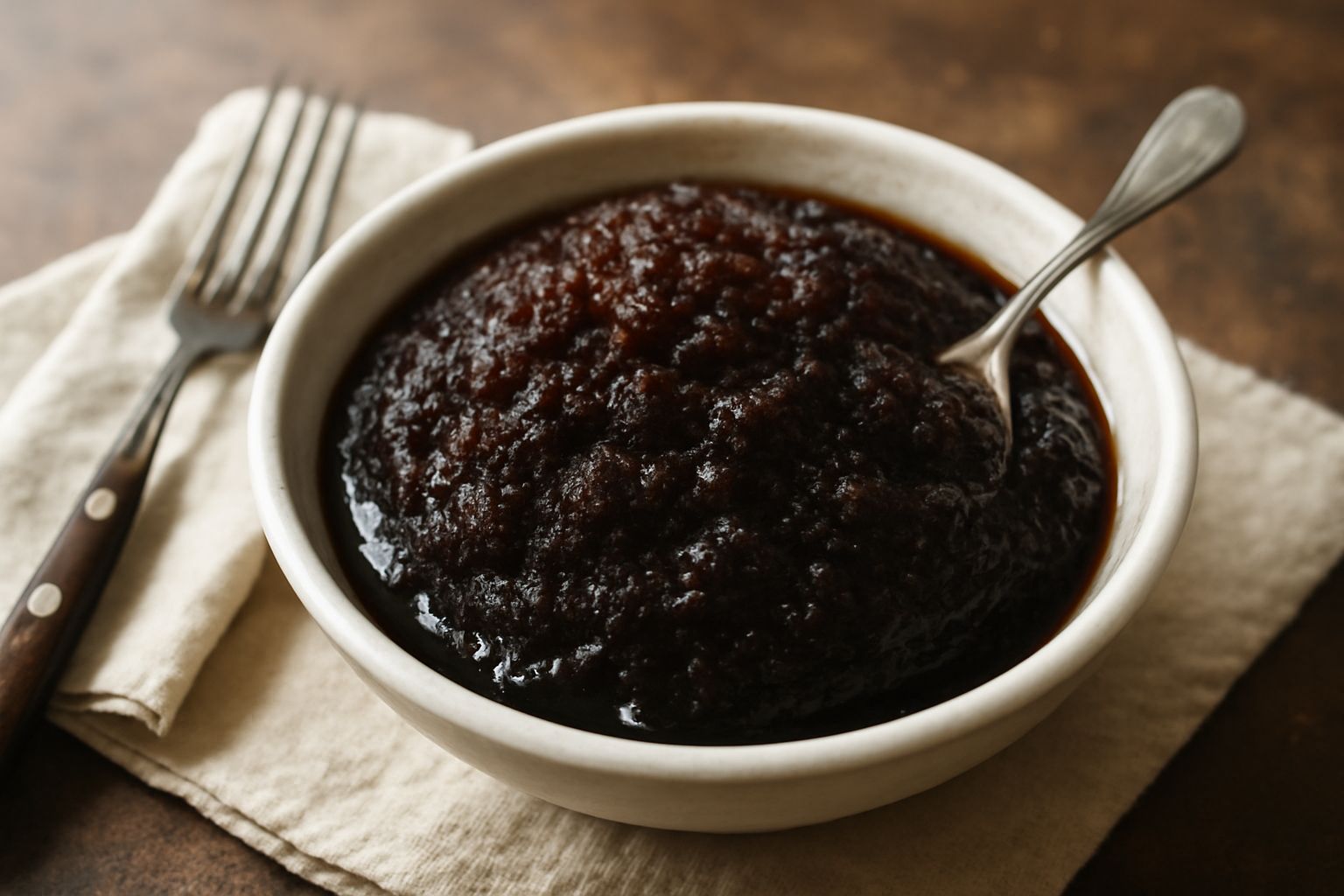 Granita di caffè scuro densa e cremosa in una ciotola di vetro trasparente, con cristalli morbidi visibili, servita con un cucchiaio di metallo, su sfondo neutro