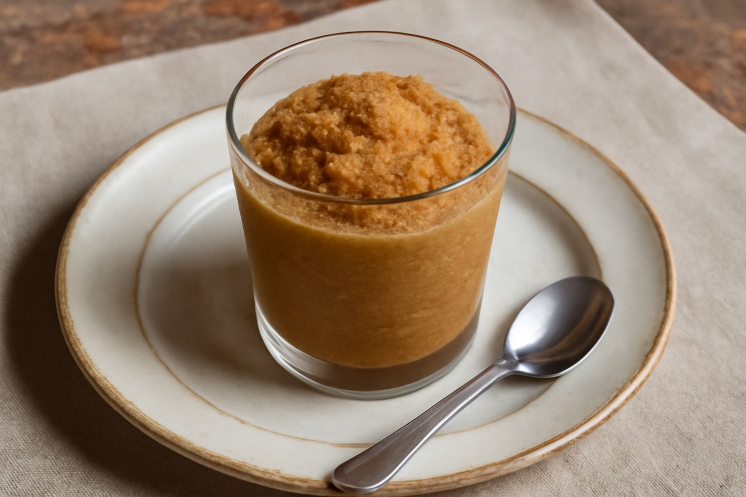 Un bicchiere trasparente con granita di caffè cremosa color nocciola, con cristalli di ghiaccio visibili, servita con cucchiaio, su sfondo bianco con chicchi di caffè sparse intorno