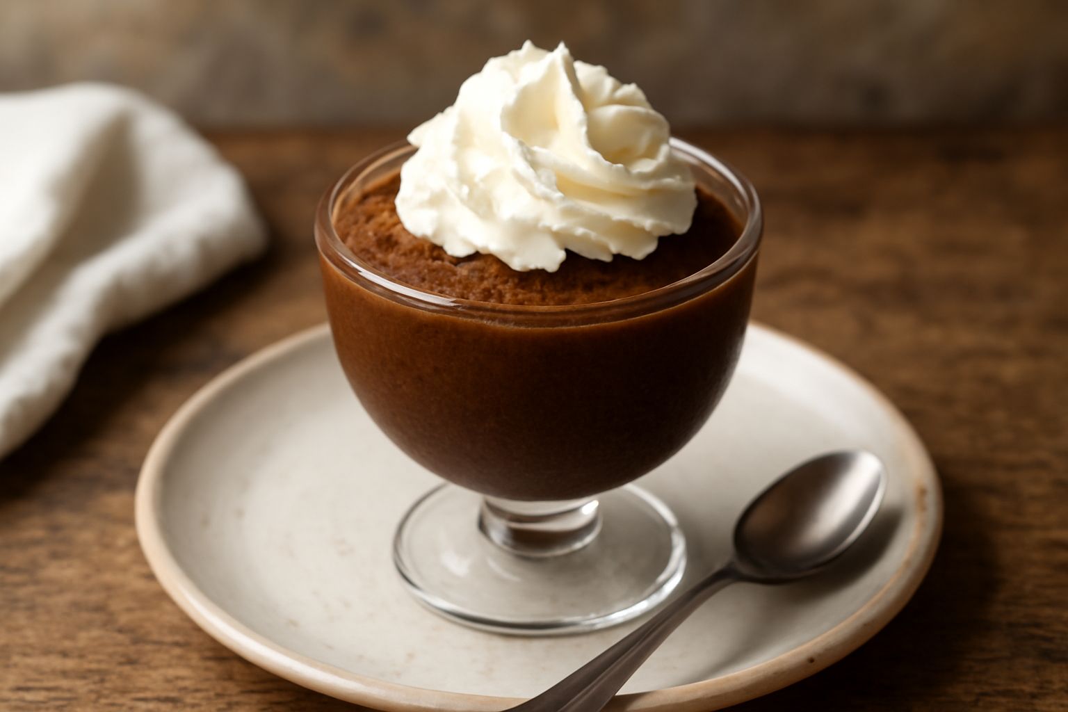 Granita di caffè in coppa di vetro, di colore marrone scuro con cristalli visibili, servita con un cucchiaio di metallo, accompagnata da una quenelle di panna bianca fresca
