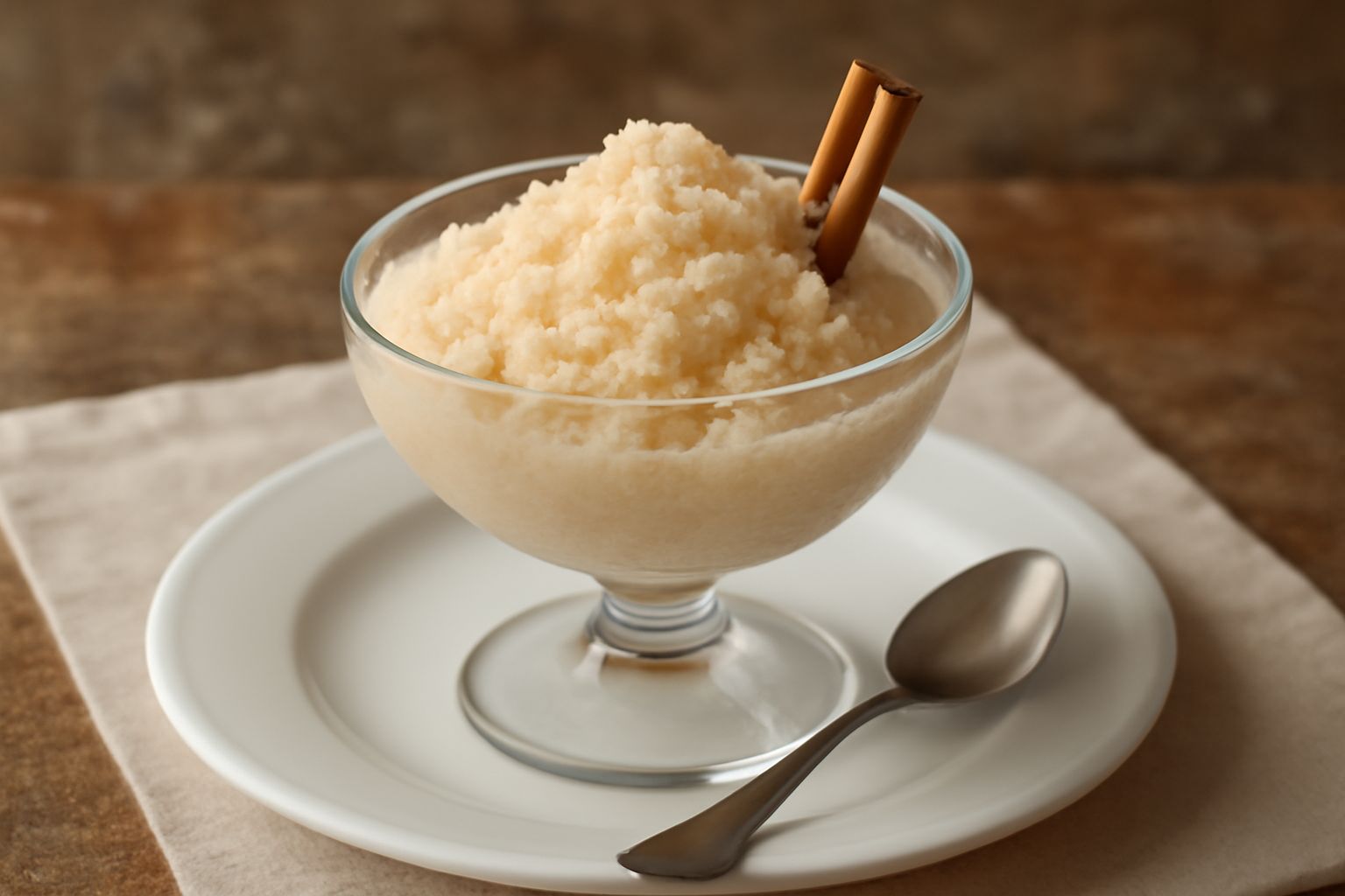 Granita di cannella color beige chiaro in una coppa di vetro trasparente, superficie ruvida e cristallina, guarnita con una stecca di cannella poggiata in cima e gocce di sciroppo color ambra intorno