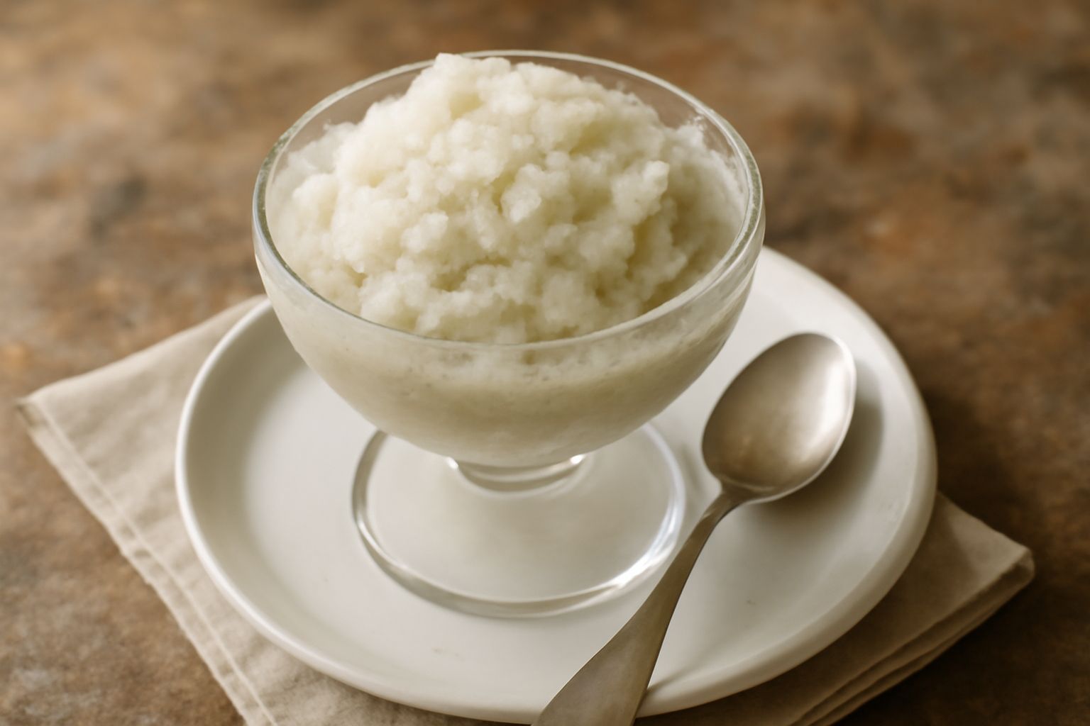 Granita di carciofini servita in una coppa di vetro trasparente, color bianco avorio con venature verdi tenue, texture cremosa e granulosa, decorata con una foglia di menta e un riccio di buccia di li