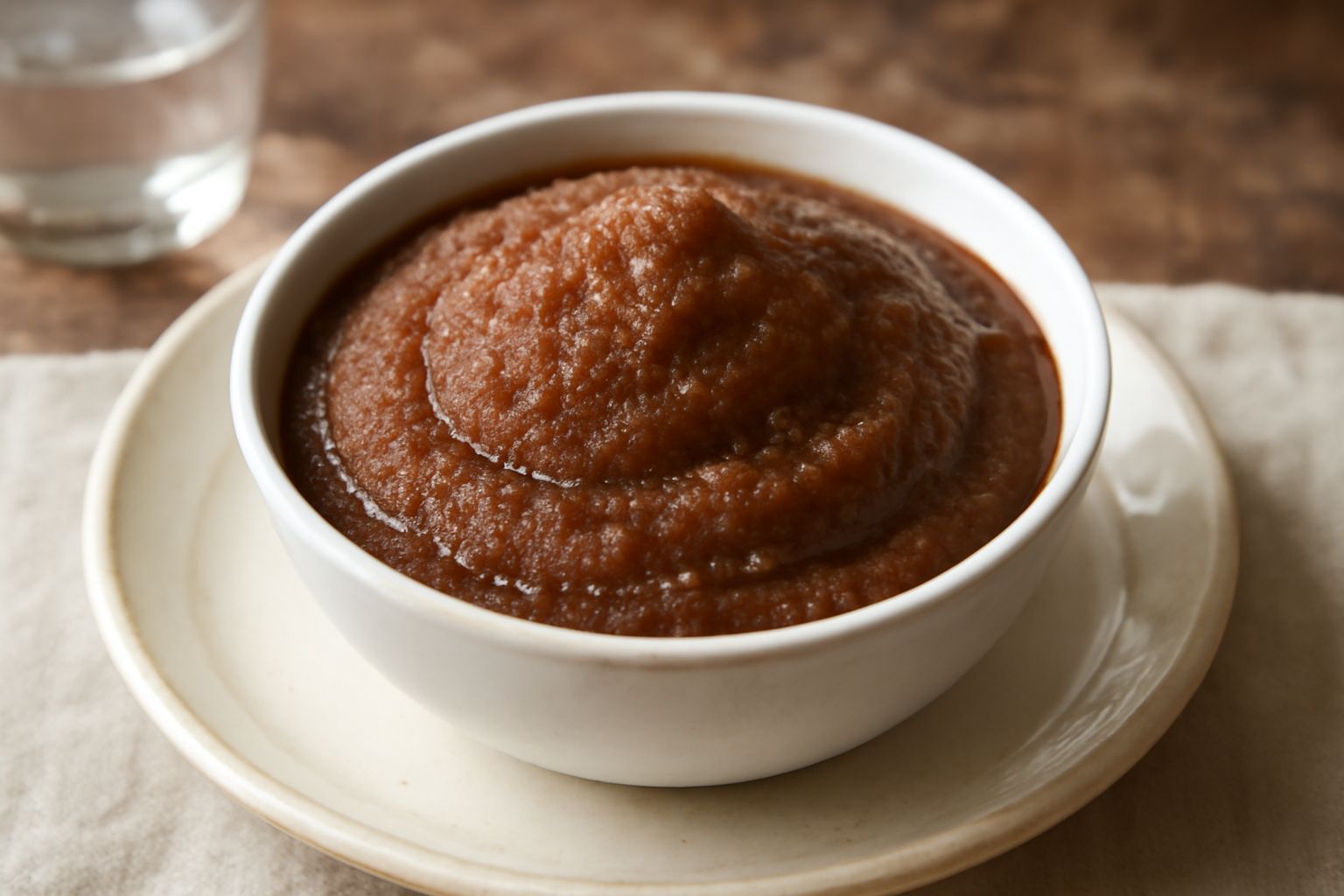 Granita di carruba color marrone nocciola in una ciotola di vetro trasparente, densa e cremosa con cristalli di ghiaccio visibili, servita con una specie di panna montata bianca a lato, cucchiaio di m