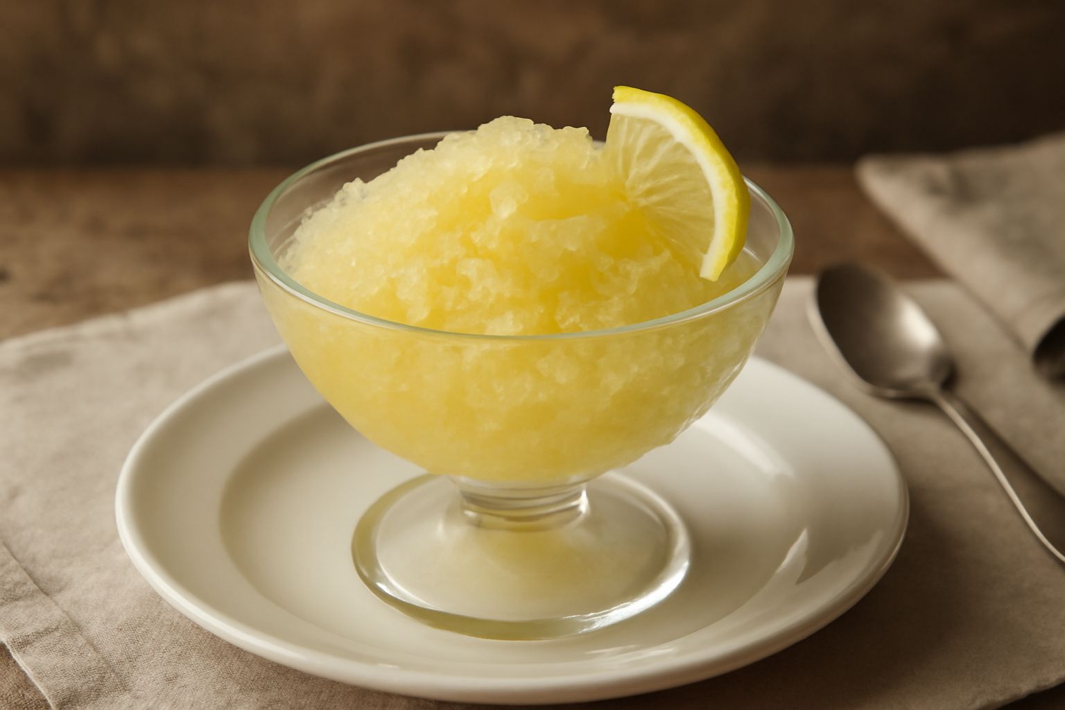 Granita di cedrata color giallo paglierino in coppa di vetro trasparente, con cristalli di ghiaccio visibili, guarnita con una fetta sottile di cedrata e foglia di menta fresca