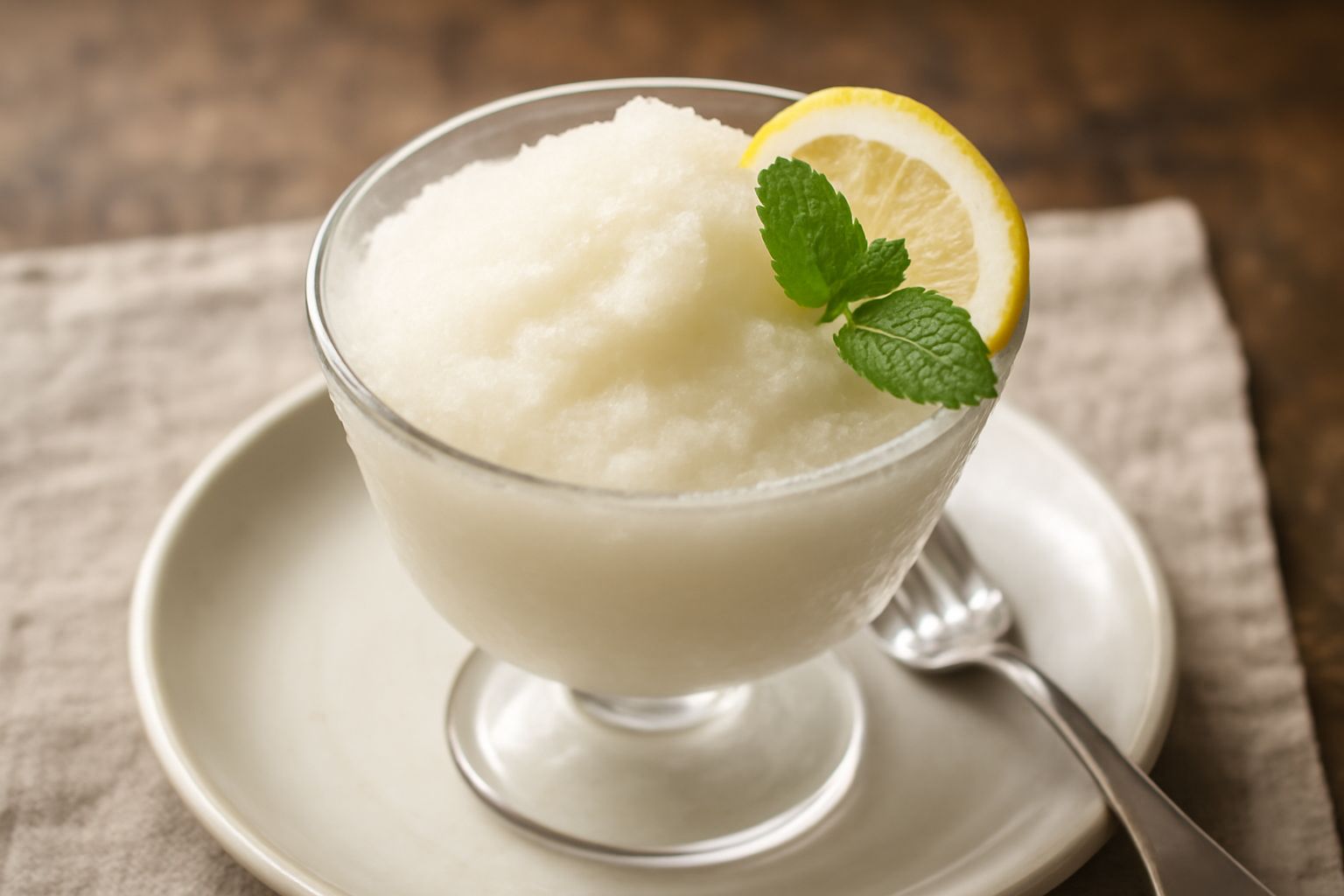 Granita di cedro in una coppa di vetro trasparente, color bianco panna leggermente cristallizzato, guarnita con foglie di menta fresca e una fettina sottile di cedro giallo sulla superficie