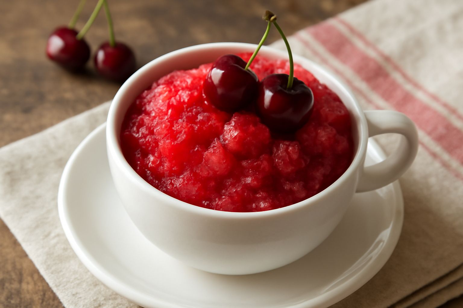 Granita di ciliegia rossa cremosa in tazza di porcellana bianca, cosparsa di ciliegie fresche rosse intere sulla superficie e un cucchiaio in acciaio, su tavolo di marmo grigio con luce naturale