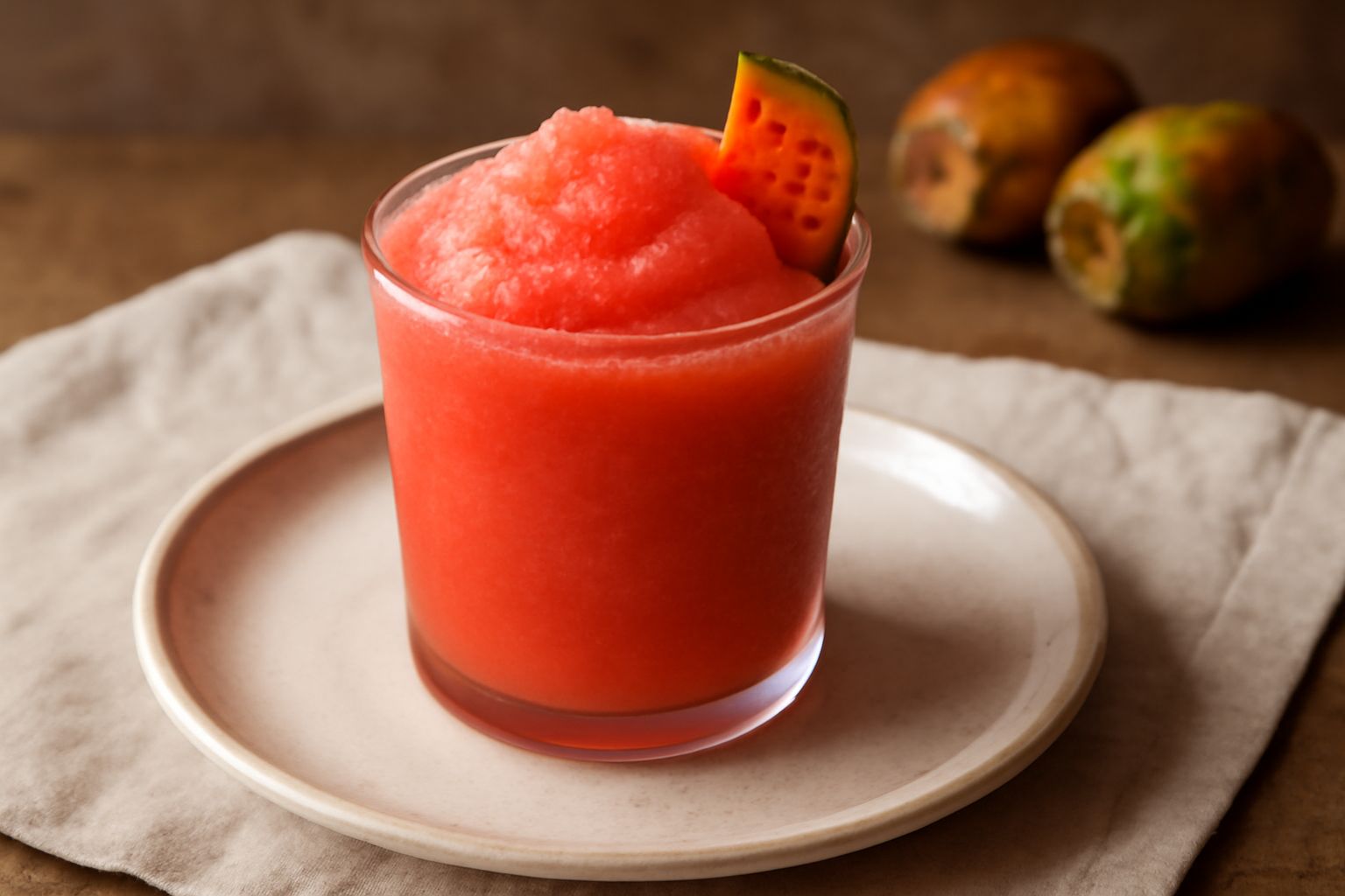 Granita di fichi d'India in bicchiere di vetro con colore rosa-arancione intenso, consistenza densa e cremosa, guarnita con una fogliolina di menta fresca, servita con cucchiaio da granita