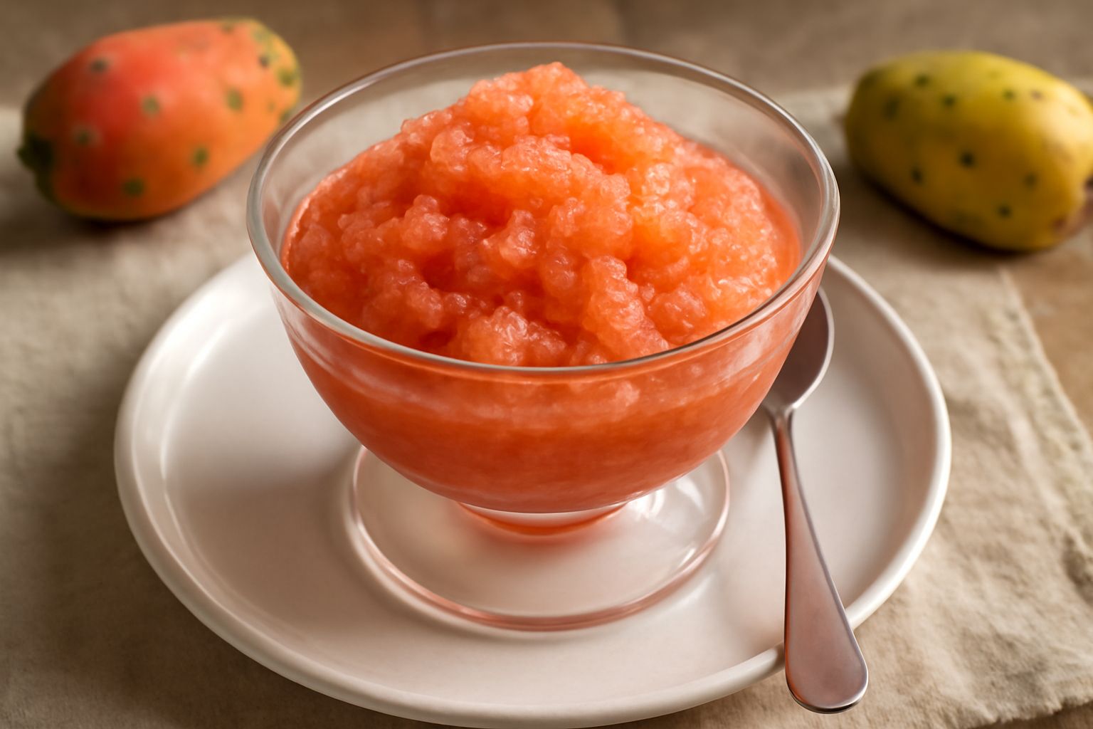 Granita di fico d'India in coppetta trasparente, di colore arancione-rosato brillante, con cristalli di ghiaccio visibili in superficie, decorata con una fettina di fico fresco sul bordo, collocata su