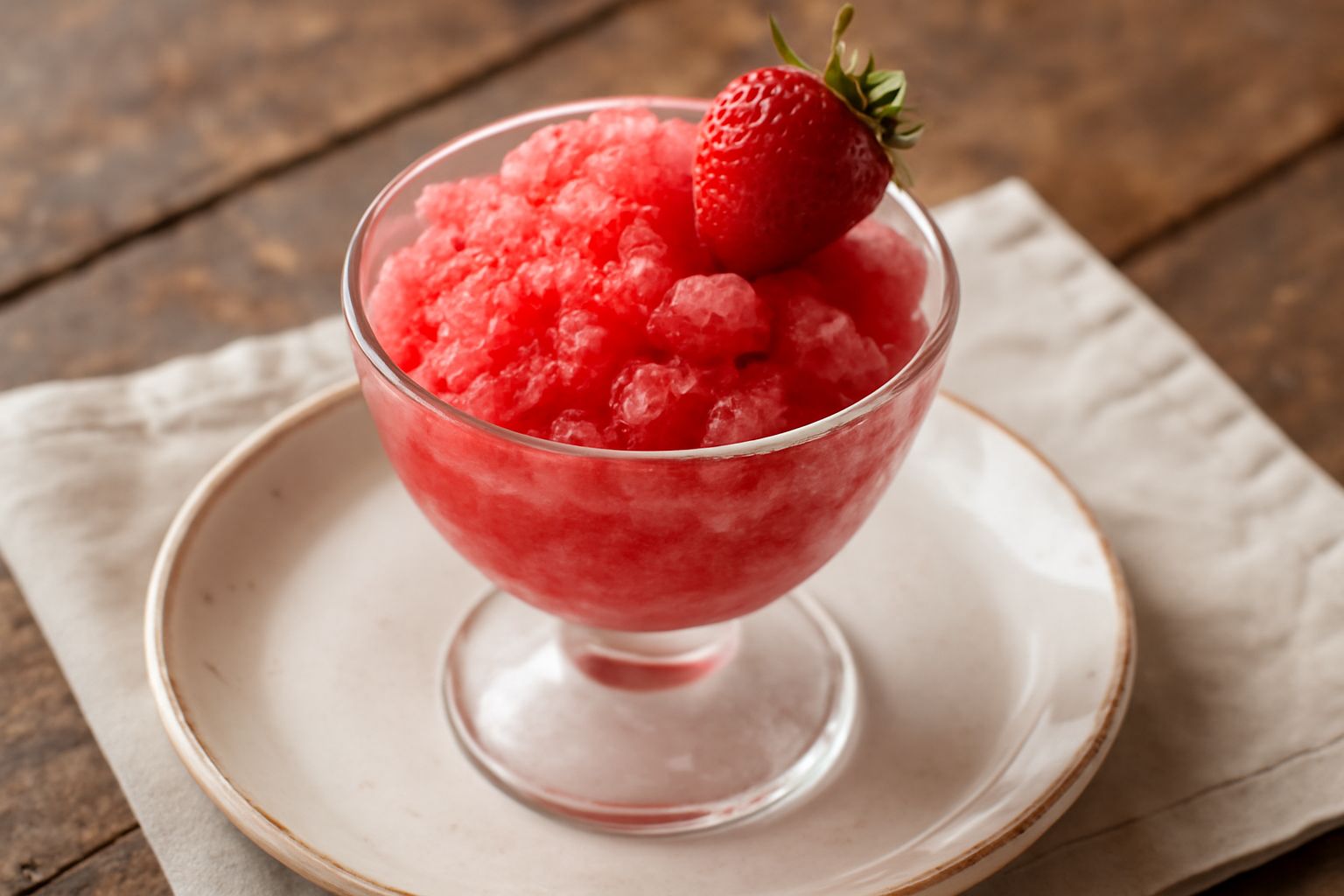 Granita di fragola in una coppa di vetro trasparente, color rosa acceso e brillante, con cristalli di ghiaccio visibili, servita con una fragola fresca intera sulla sommità e un cucchiaio di legno acc