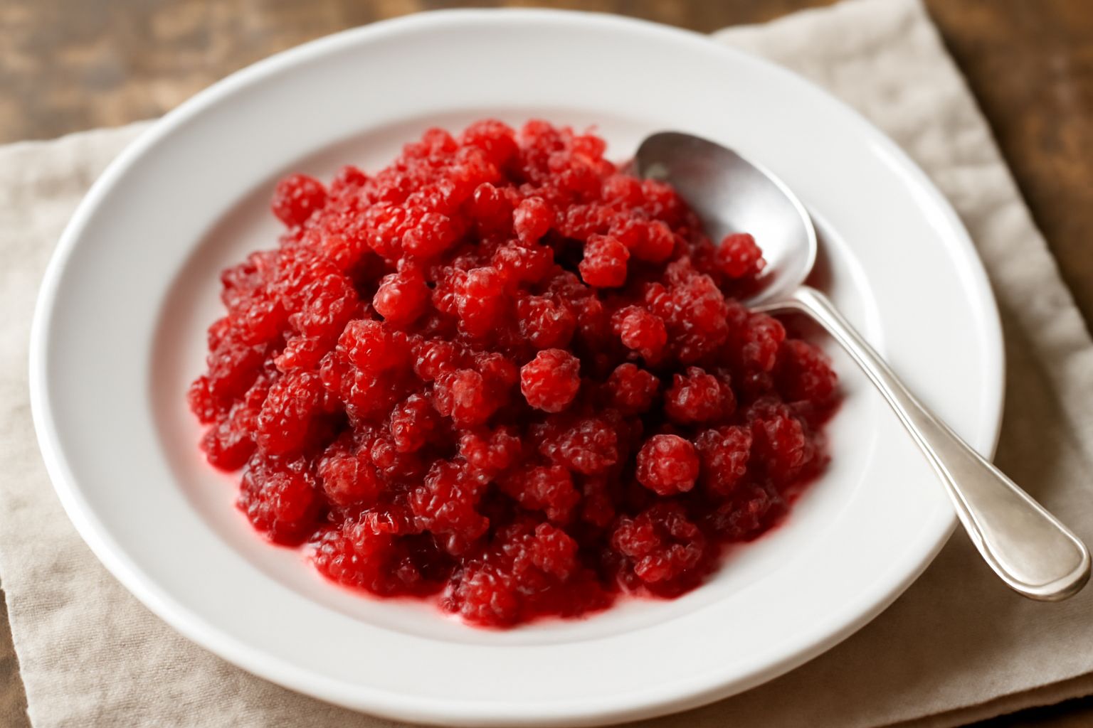 Granita di fragoline di bosco in un piatto bianco con superficie cremosa e screziata di rosso scuro, guarnita con fragoline intere fresche e una fogliolina di menta, con cucchiaio di legno appoggiato 