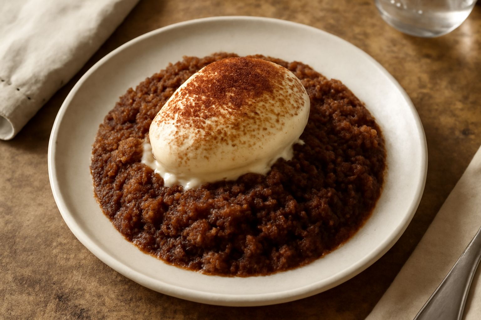 Granita di gelato modicano in una ciotola bianca: strato di granita cremosa color caffè con cristalli sottili, coperto da una generosa quenelle di gelato bianco vaniglia, guarnita con cacao amaro in p