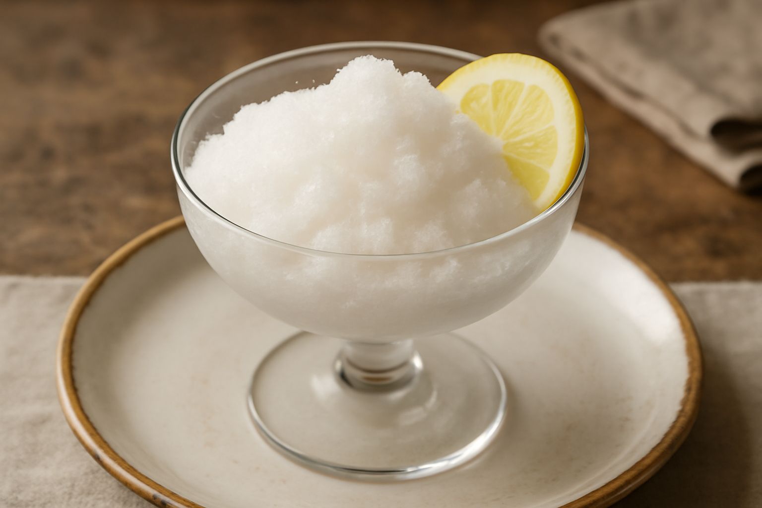 Granita di gelo bianca e cremosa in coppa di vetro basso, con cristalli compatti e uniformi, guarnita con una fetta sottile di limone fresco sul bordo, sfondo neutro