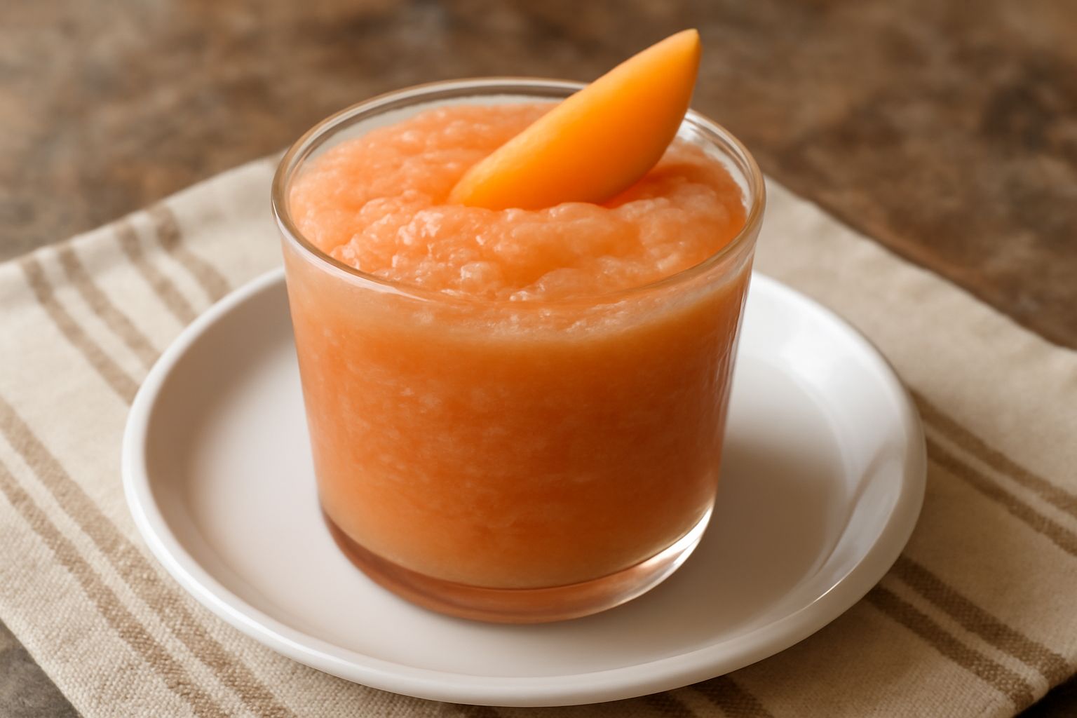 Una coppa di granita di mellone color arancio-salmone cremosa, con cristalli di ghiaccio in superficie, guarnita con scaglie di melone fresco e foglia di menta verde, servita in bicchiere di vetro tra