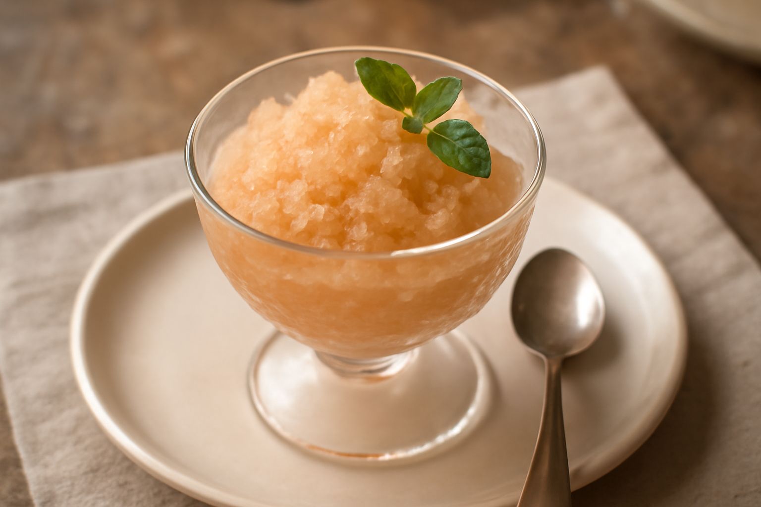 Granita di melone color arancio chiaro, servita in una coppetta di vetro basso con cristalli di ghiaccio visibili, guarnita con una sottile fetta di melone fresco e una fogliolina di menta sulla super
