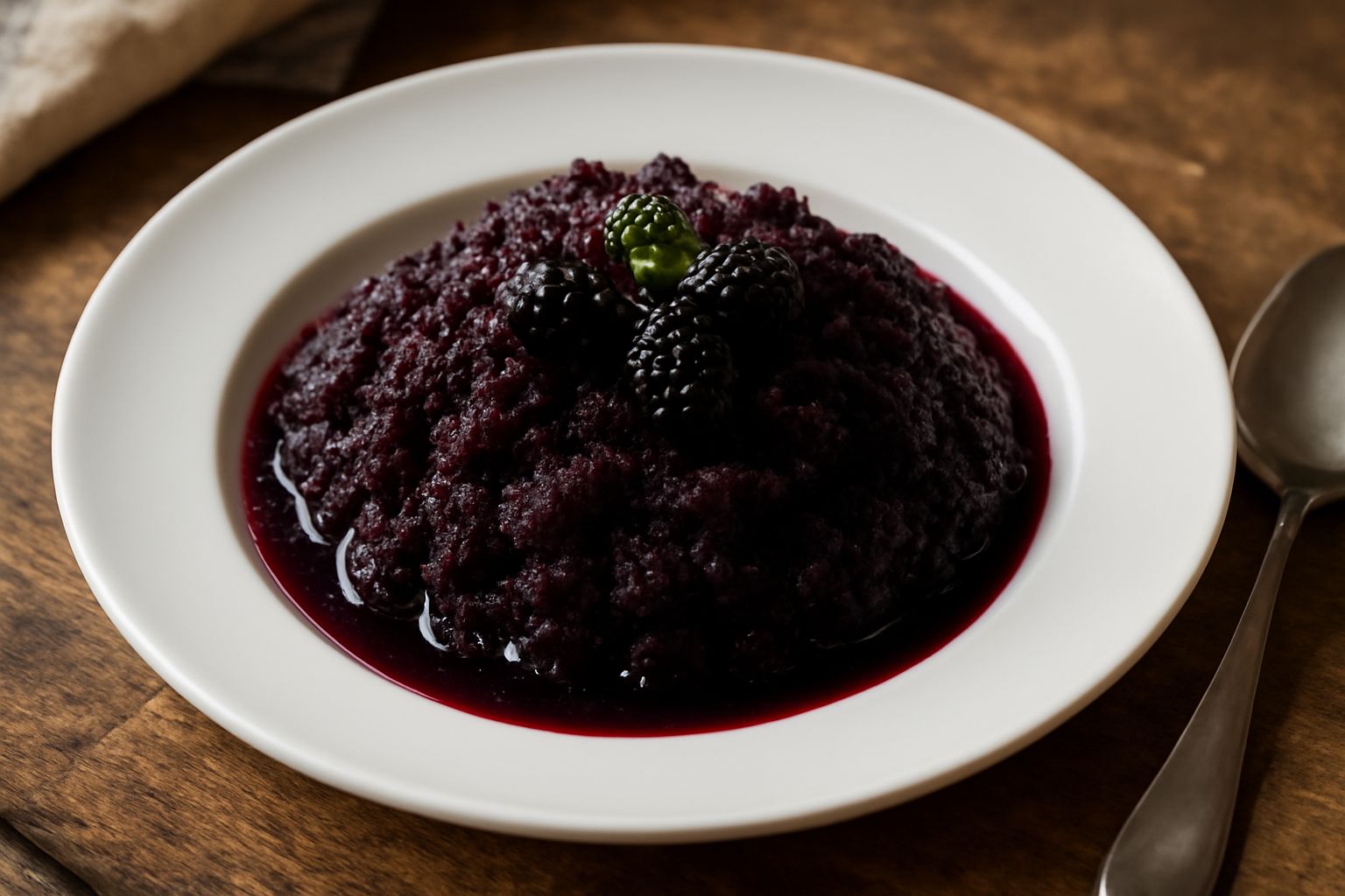 Granita di gelsi viola scuro in coppa di vetro trasparente, servita con cucchiaio, cristalli uniformi visibili, guarnita con qualche gelso fresco sulla superficie