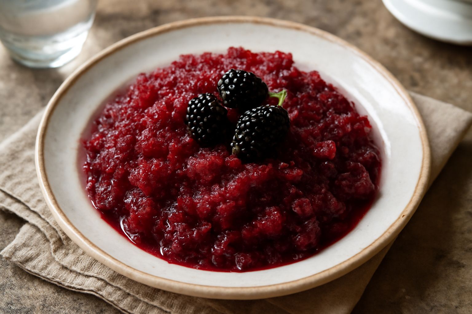 Granita di gelso di colore rosso scuro, servita in una ciotola di vetro trasparente, con cristalli di ghiaccio visibili in superficie, guarnita con un rametto di menta fresca e alcune more di gelso in