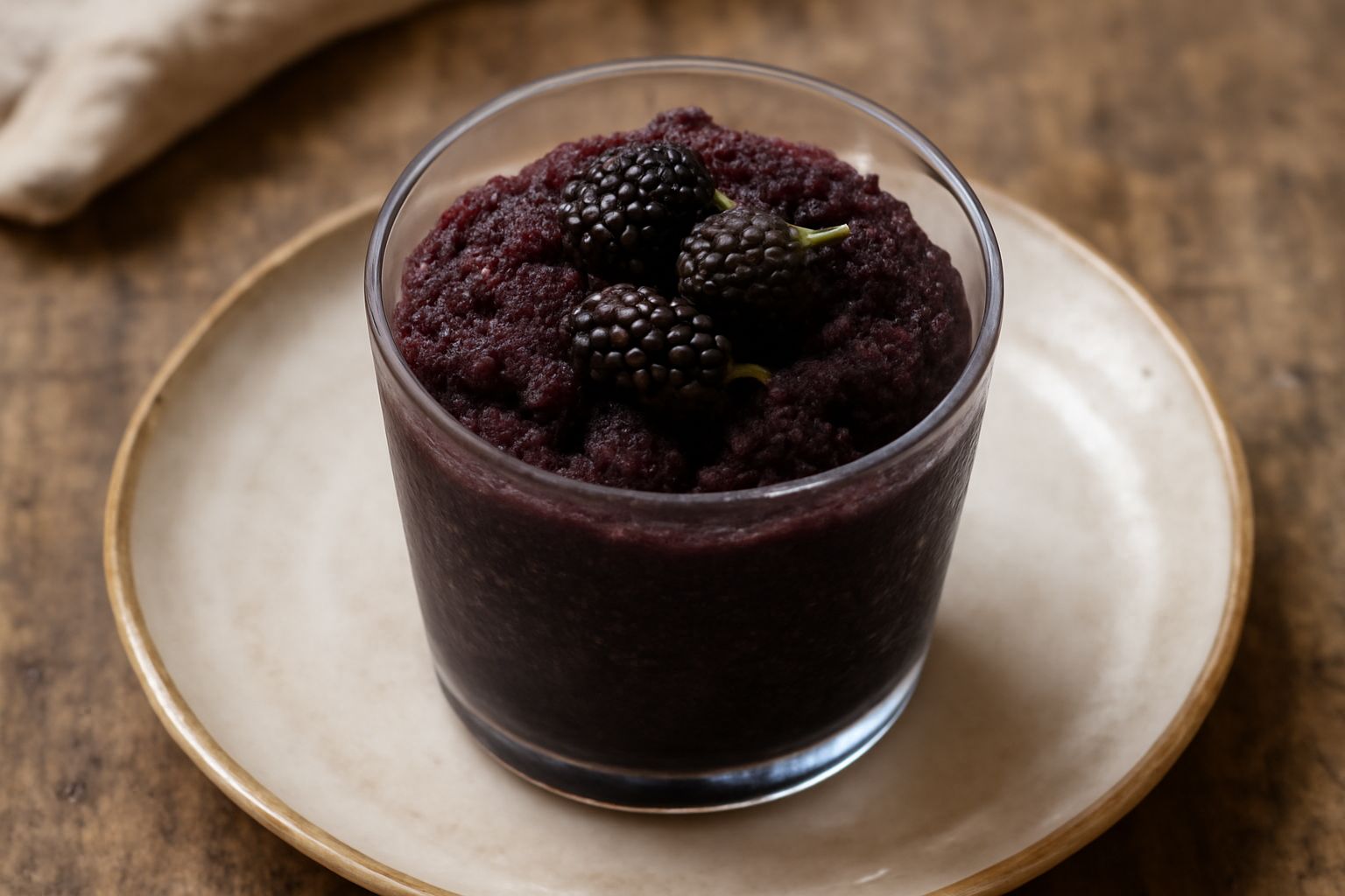 Granita di gelso nero in bicchiere di vetro trasparente, cremosa e densa, colore viola scuro intenso, guarnita con gelsi freschi interi sulla superficie e un cucchiaio di acciaio inox appoggiato nel b