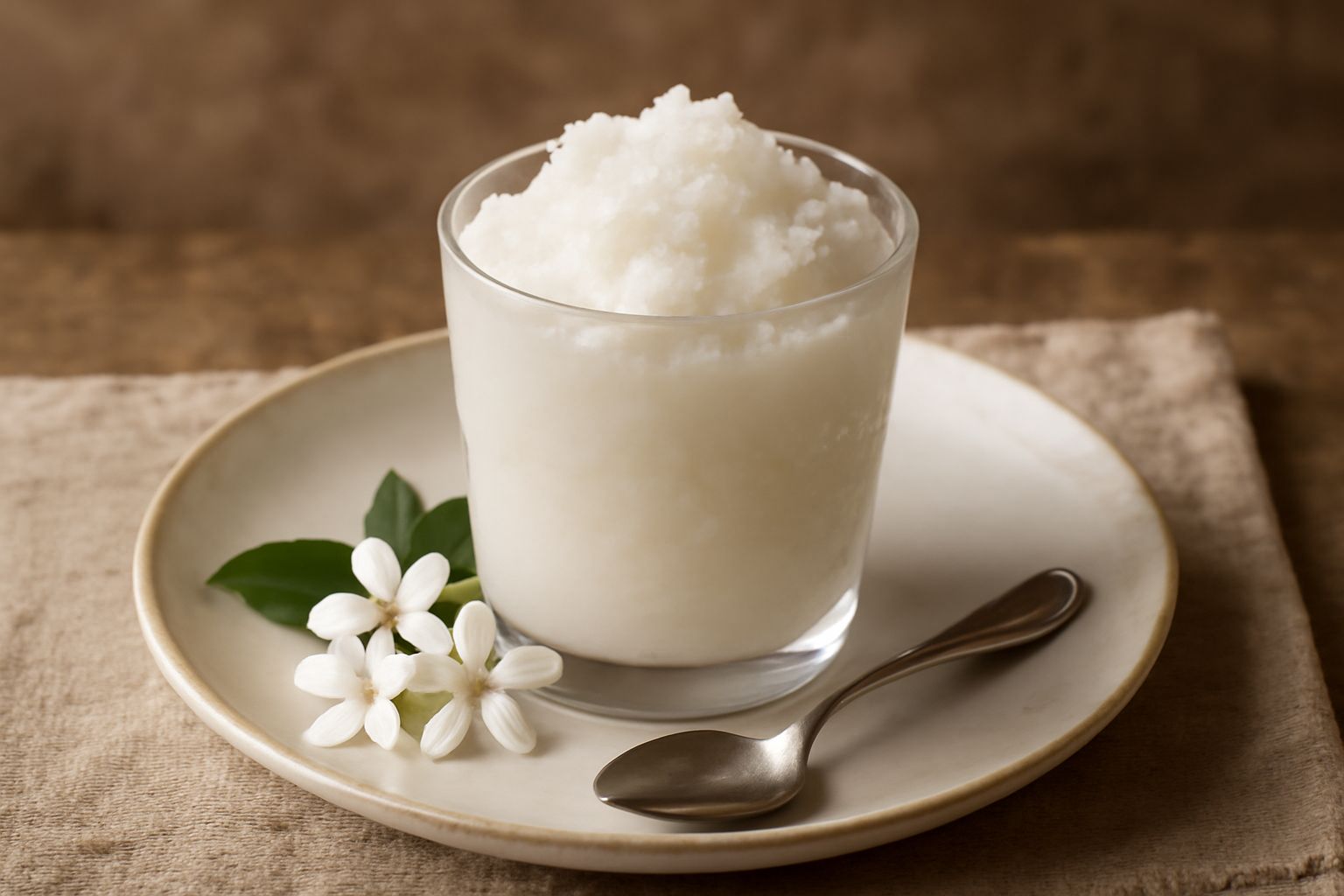 Granita di gelsomino in bicchiere trasparente di colore bianco cremoso con cristalli di ghiaccio in superficie, guarnita con un fiore di gelsomino fresco e petali bianchi sparsi intorno, sfondo di fio