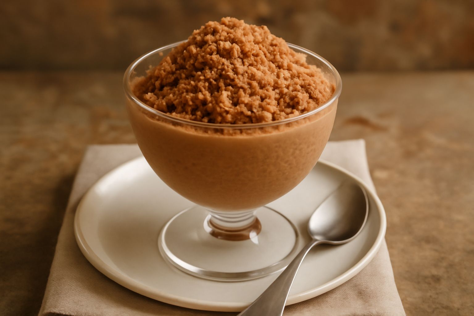 Granita di gianduia in coppa di vetro trasparente, color marrone nocciola, con cristalli di ghiaccio visibili, guarnita con panna montata bianca e nocciole tostate intere sulla superficie