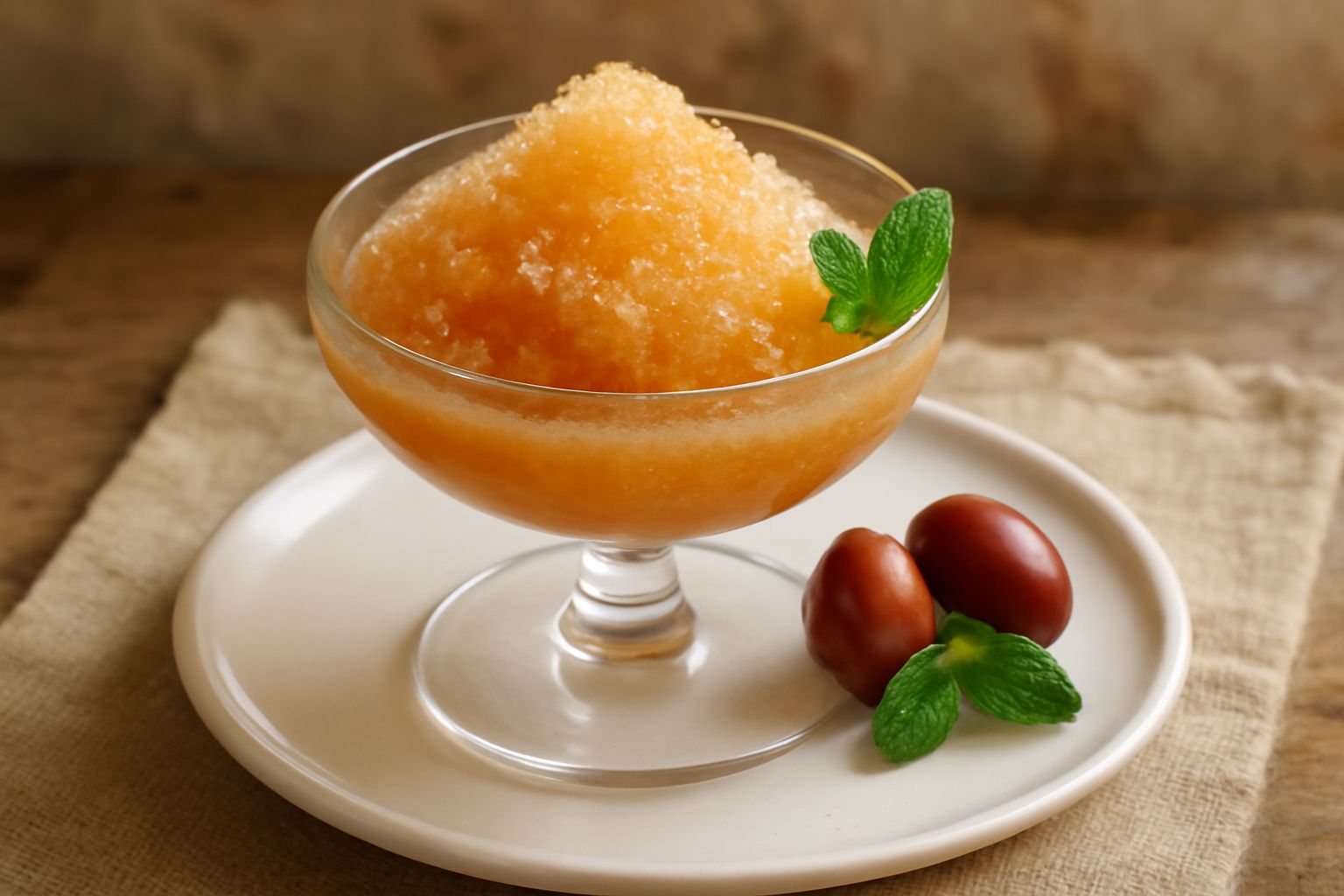 Granita di giuggiola in coppa trasparente, cremosa e densa, color ambra chiaro con cristalli di ghiaccio fine, coperta da qualche frammento di giuggiola fresca e cucchiaio di metallo accanto
