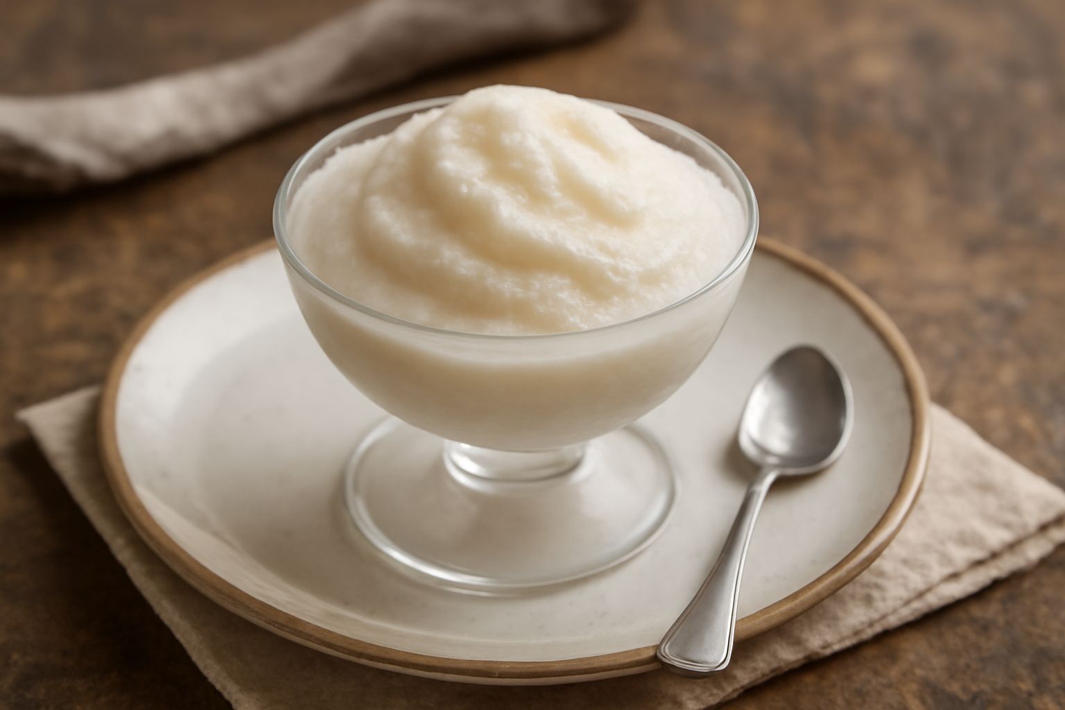Granita di granella di colore bianco-crema in coppa di vetro trasparente, con cristalli di ghiaccio visibili, decorata con gocce di granella liquida sulla superficie, servita con cucchiaio di metallo