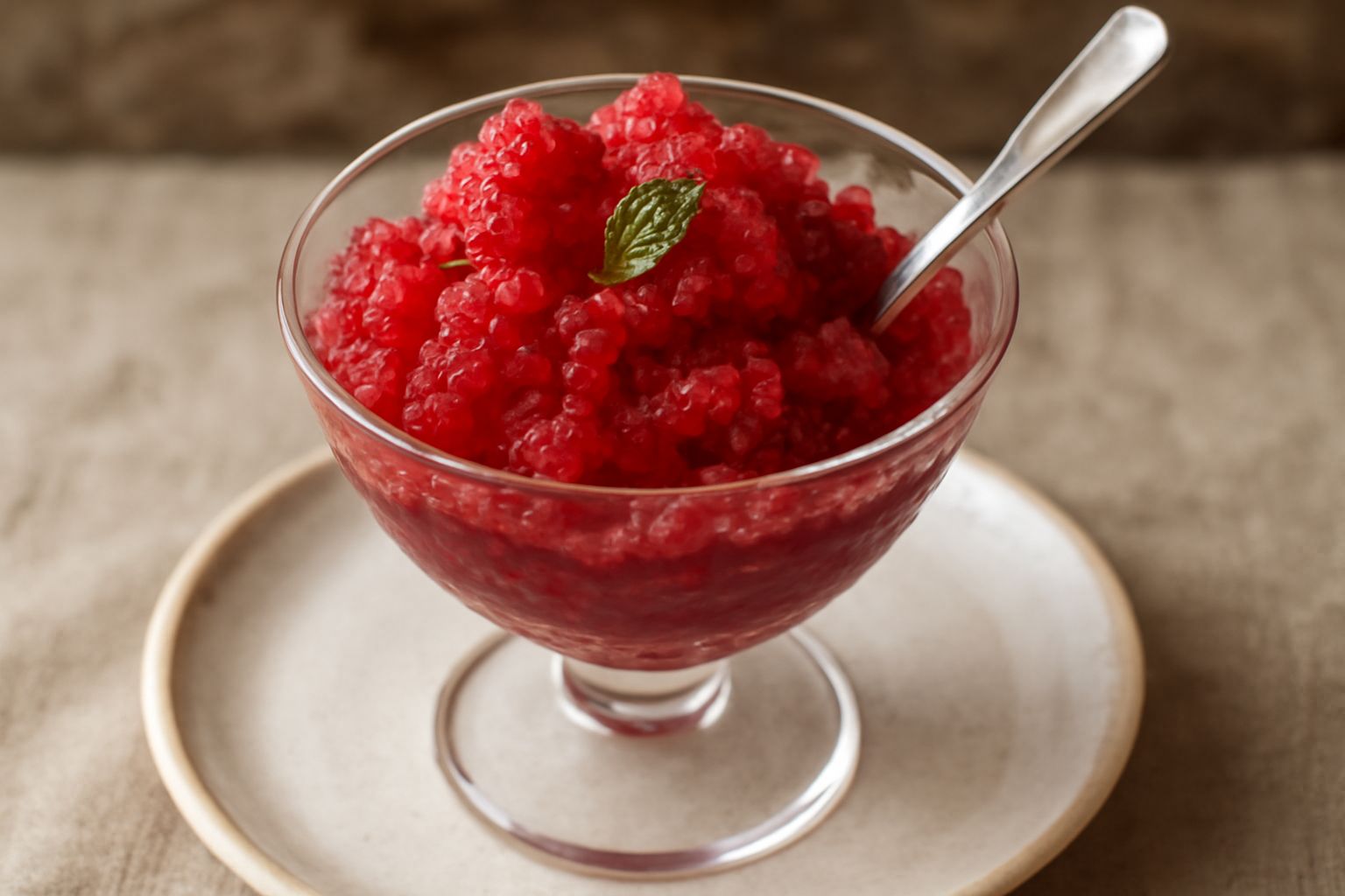 Coppetta di granita di lampone rosso intenso con cristalli di ghiaccio visibili, superficie ruvida e uniforme, servita in bicchiere alto trasparente con cucchiaino d'argento