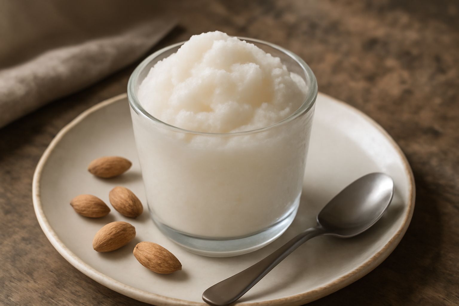 Granita di latte di mandorla in bicchiere trasparente alto, cremosa e bianca con cristalli di ghiaccio visibili, guarnita con mandorle affettate tostate in cima e cucchiaio da gelato accanto
