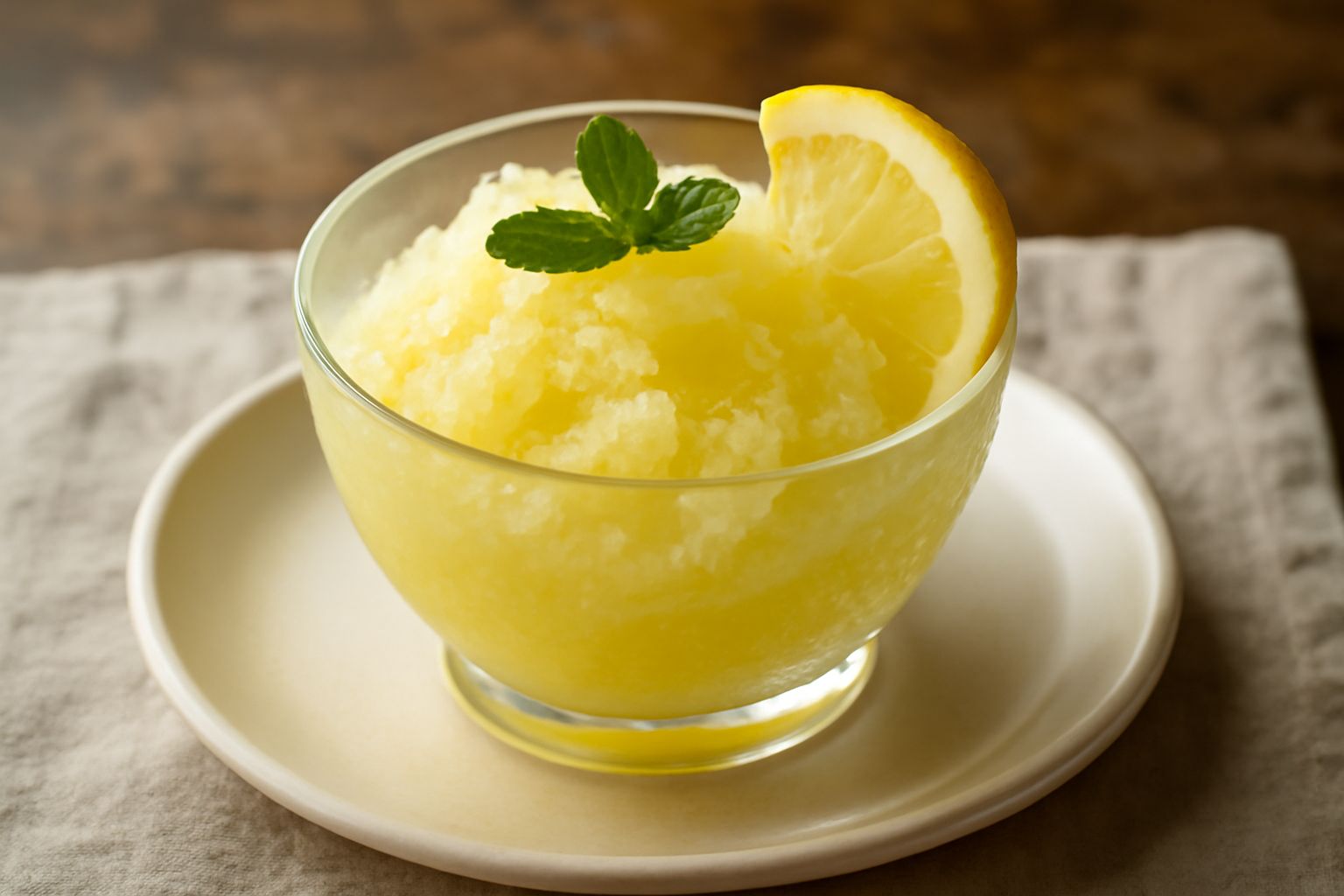 Una coppetta di granita di limoncello color giallo pallido, con cristalli di ghiaccio visibili, guarnita con una foglia di menta fresca e una buccia di limone, servita in un bicchiere basso trasparent