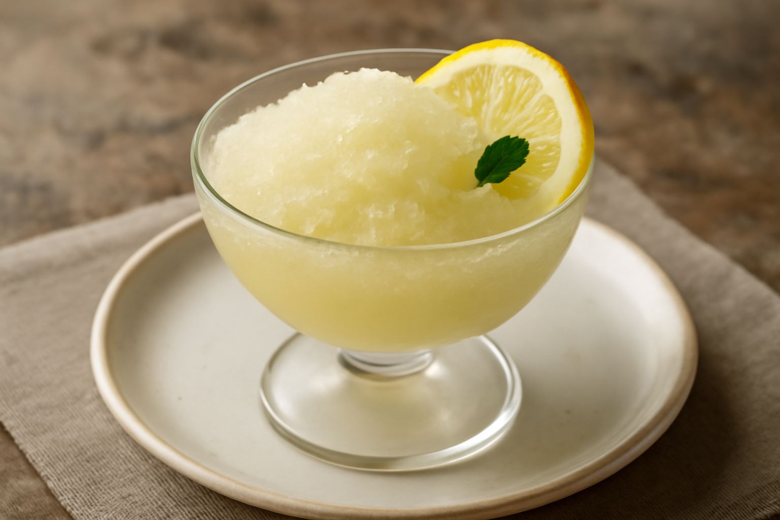 Granita di limone giallo brillante in bicchiere trasparente, con cristalli di ghiaccio visibili, guarnita con una fetta di limone fresco sul bordo, servita con cucchiaino