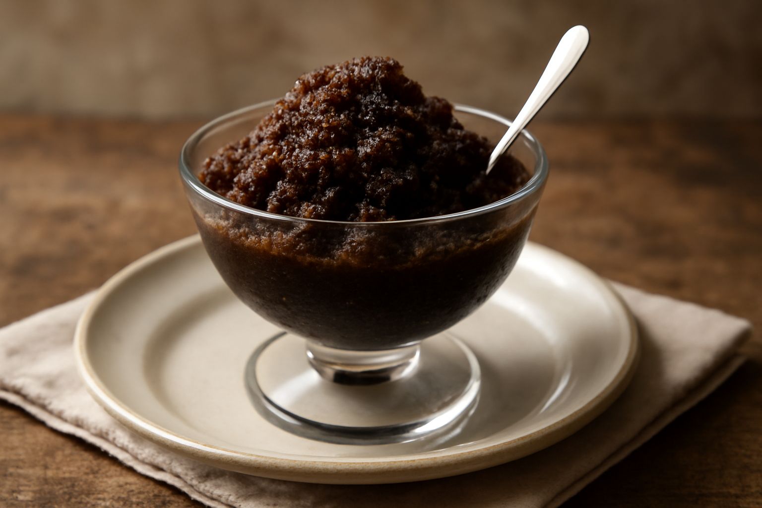 Granita di liquirizia marrone scuro in una ciotola di vetro, con cristalli di ghiaccio visibili sulla superficie, servita con un cucchiaino di metallo su un piatto bianco
