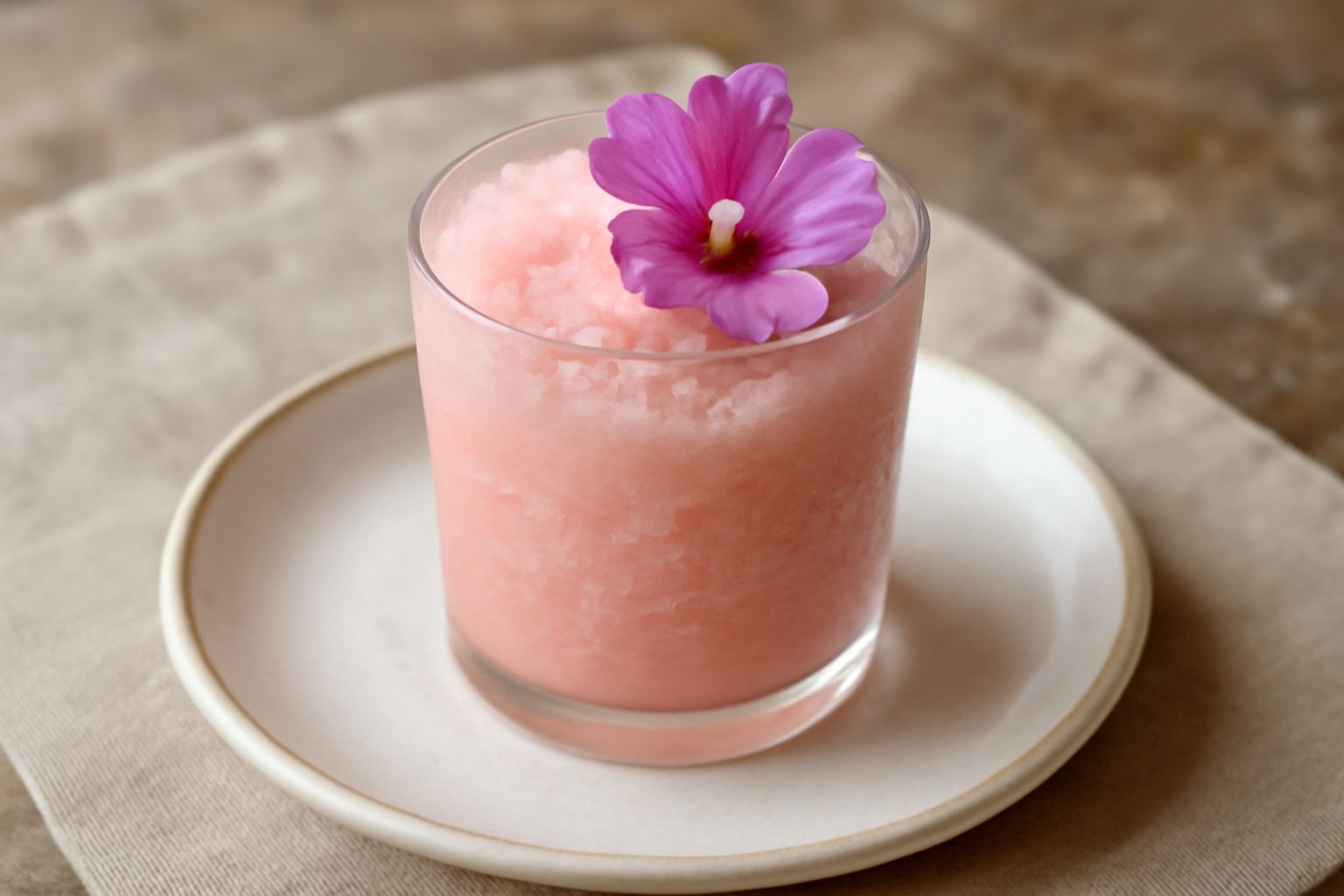 Granita di malva in bicchiere di vetro trasparente con colore rosa pallido, granuli di ghiaccio visibili in superficie, fiore di malva fresco poggiato sul bordo, cucchiaio in acciaio dentro, fondo bia