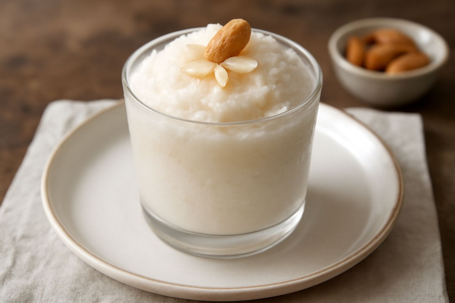 Granita di mandorla in bicchiere trasparente, colore bianco panna con cristalli di ghiaccio visibili, guarnita con mandorla pelata intera in cima, servita su tavolo con cucchiaio