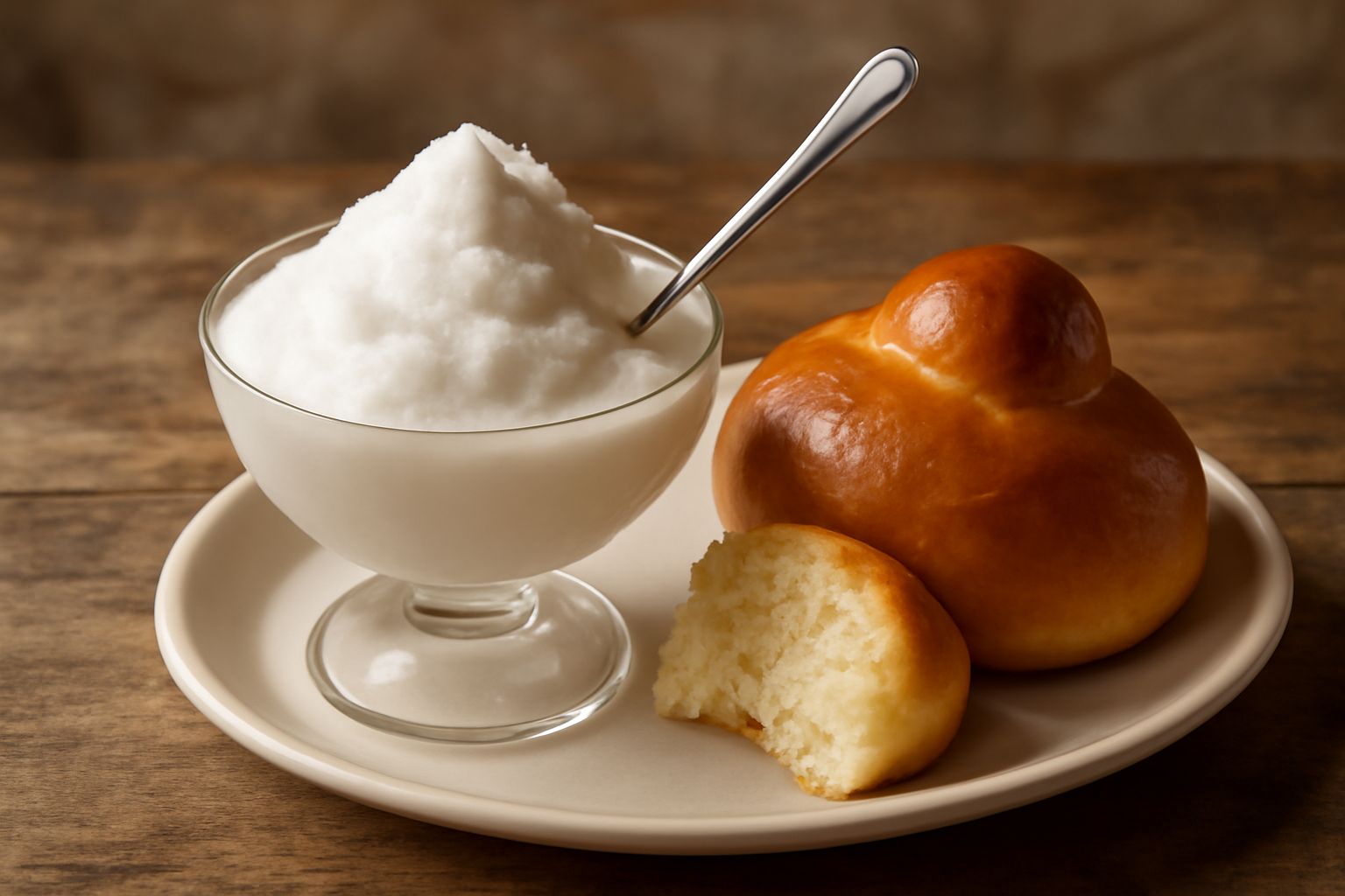 Granita di mandorla bianca e cremosa in coppa di vetro, servita con brioche intera inumidita a fianco, cucchiaio dentro la granita, sfondo neutro bianco, luce naturale frontale