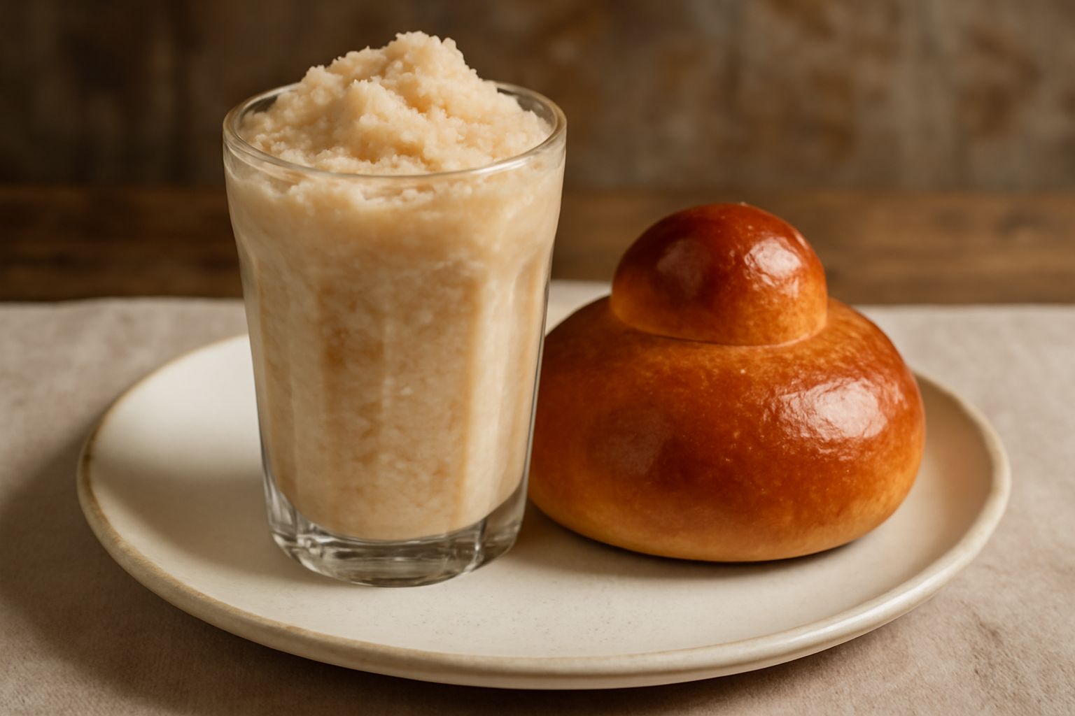 Granita di mandorla beige con cristalli di ghiaccio visibili in un bicchiere alto, accompagnata da una brioche dorata e soffice appoggiata al bordo, su un tavolo in ceramica bianca con sfondo sfocato 