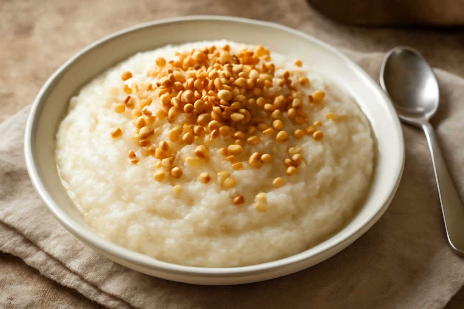 Ciotola di vetro con granita di mandorla color avorio, superficie ruvida da cristalli di ghiaccio, coronata da granella di mandorle dorate croccanti, cucchiaio di metallo appoggiato nel bordo, sfondo 