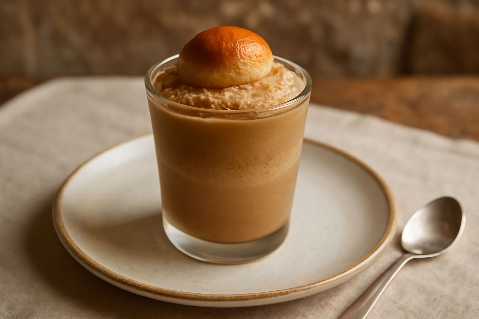Bicchiere trasparente con granita dal colore nocciola chiaro, cristalli di ghiaccio fini e luminosi, guarnito con mandorla sbriciolata in cima, servito su piattino bianco con cucchiaio da granita