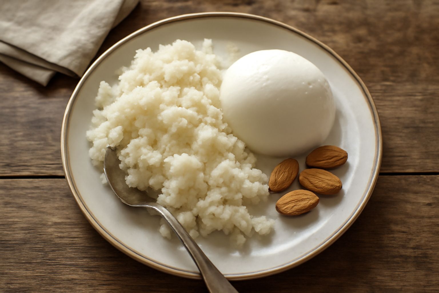 Ciotola di granita di mandorla gelato color avorio con gocce di granita visibili, guarnita con mandorla sgusciata intera e cucchiaio in legno su tavolo bianco