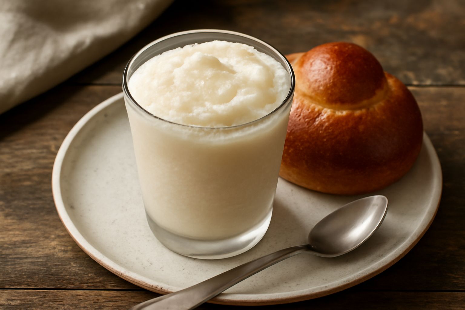 Bicchiere con granita di mandorla cremosa di colore beige chiaro, con cristalli di ghiaccio visibili, servita con brioche tostata accanto su un tavolo bianco