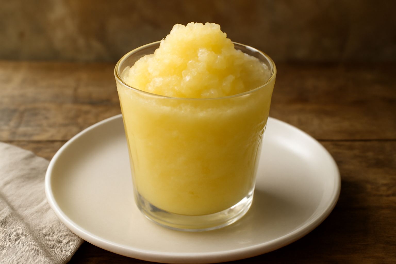 Granita di melata in bicchiere trasparente, color giallo paglierino, con cristalli di ghiaccio visibili, servita con un cucchiaino da gelato e una foglia di menta sulla superficie