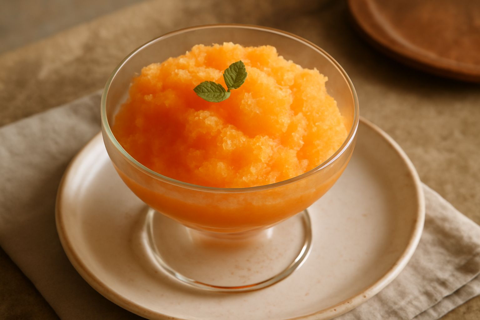 Granita di melone color arancio cremoso servita in coppetta di vetro trasparente, guarnita con due foglie di menta fresca e una pallina di melone, con il cucchiaio posato accanto su una superficie bia