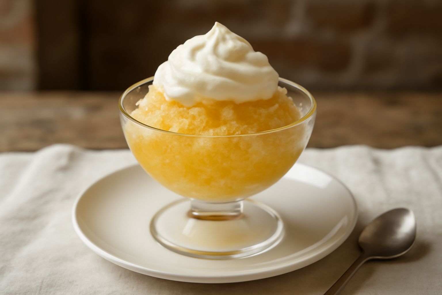 Granita di melone in coppa di vetro trasparente, color giallo-arancio chiaro con cristalli di ghiaccio visibili, coperta di panna montata bianca, una foglia di menta fresca sul bordo del piatto