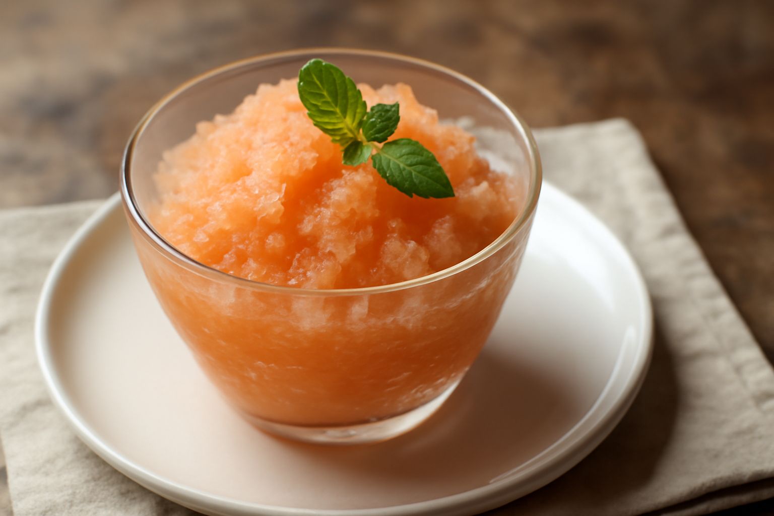 Una ciotola di granita di melone color arancio chiaro con cristalli di ghiaccio grandi e visibili, guarnita con una fogliolina di menta verde accanto, servita su un tavolo bianco con un cucchiaio di l