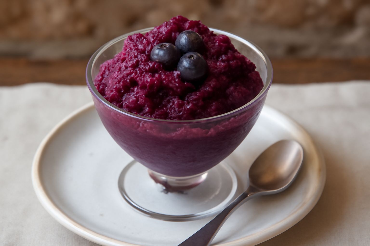 Una coppetta trasparente con granita di mirtillo blu-violetta, dalla consistenza cremosa e cristallina, decorata con alcuni mirtilli freschi interi sulla superficie, in sottofondo un cucchiaio bianco 