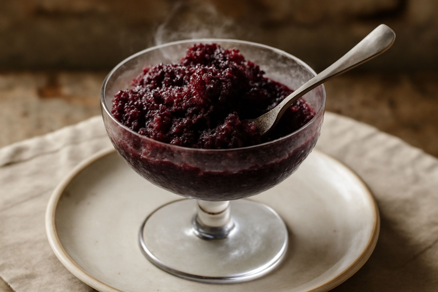 Granita di mulberry color bordeaux scuro servita in coppa di vetro trasparente con grana di ghiaccio visibile, con un cucchiaio da granita in acciaio, sfondo grigio chiaro