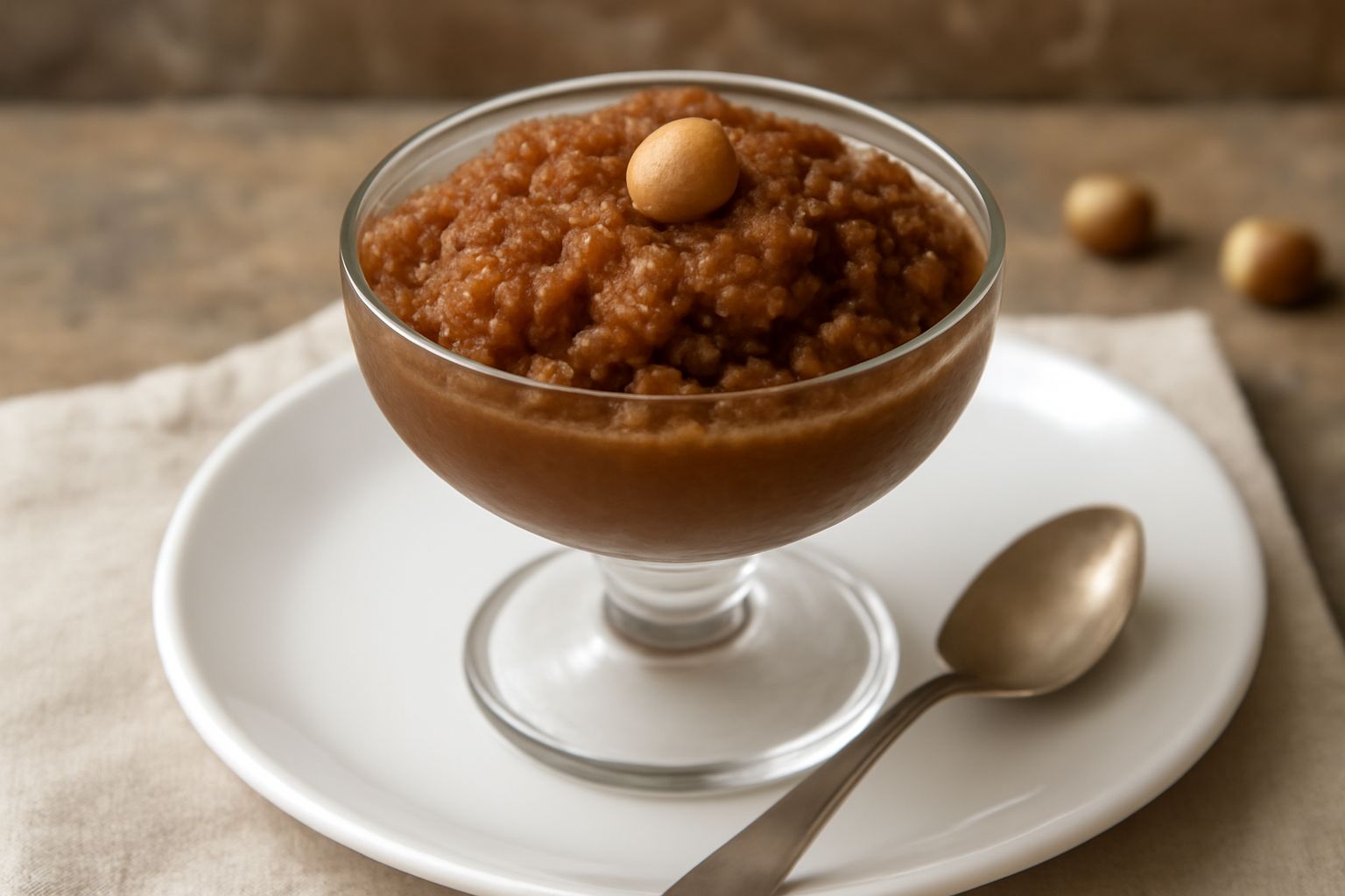 Granita di nocciola color marrone chiaro in coppa di vetro, servita al cucchiaio, con cristalli di ghiaccio visibili in superficie e un tocco di nocciola intera decorativa