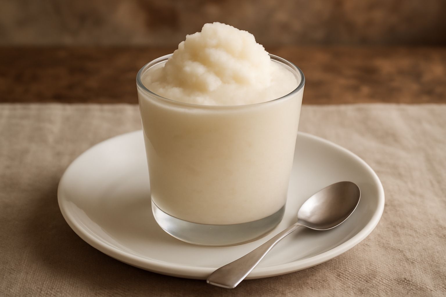 Granita di orzata color crema con cristalli di ghiaccio visibili servita in bicchiere trasparente, brioche tostata intera accanto, tavolo legno al sole