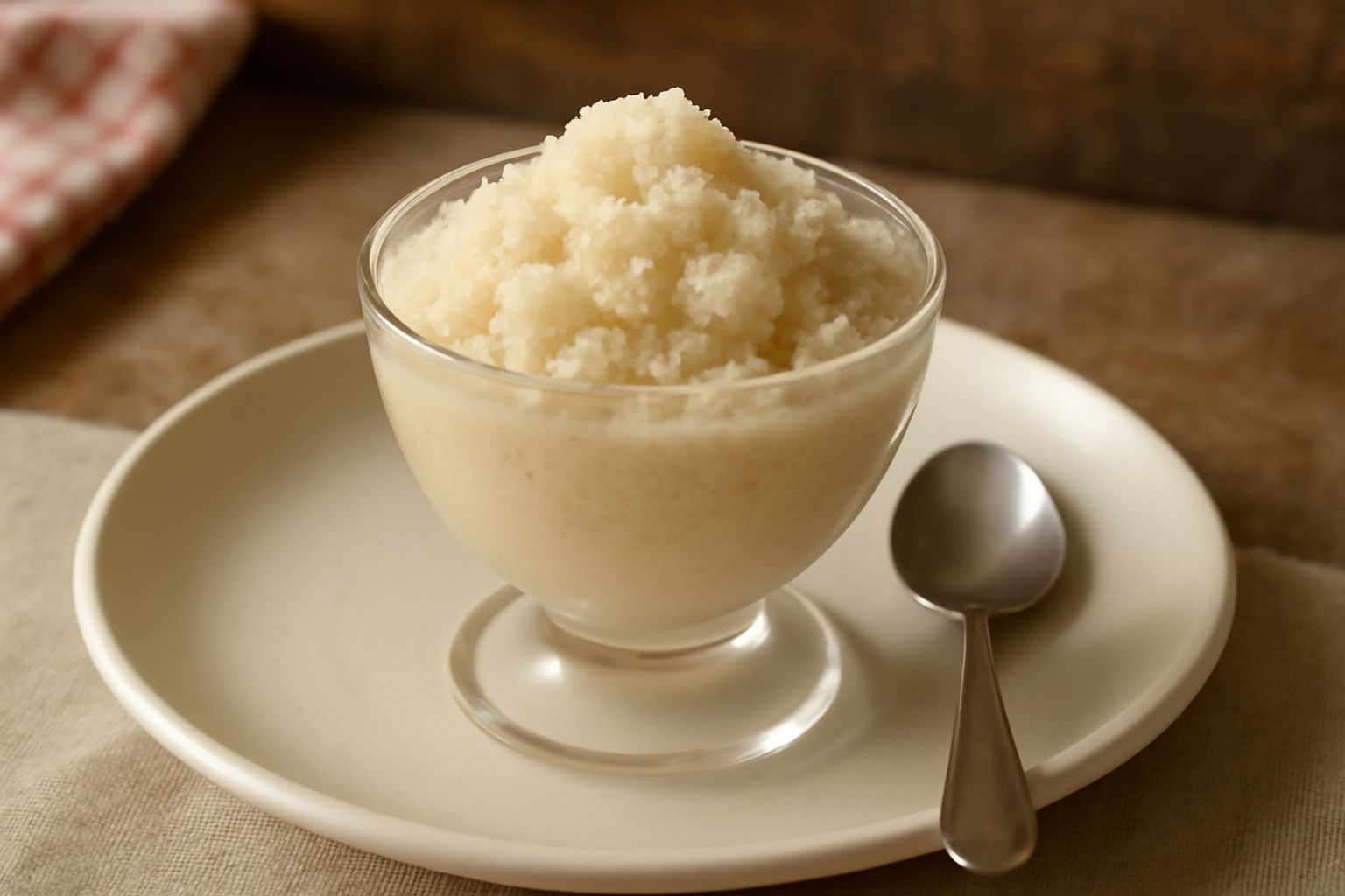 Una ciotola di granita di orzo e latte color avorio, con cristalli di ghiaccio visibili, servita in una coppa di vetro trasparente con un cucchiaio, accanto a chicchi di orzo tostato sparsi su un piat