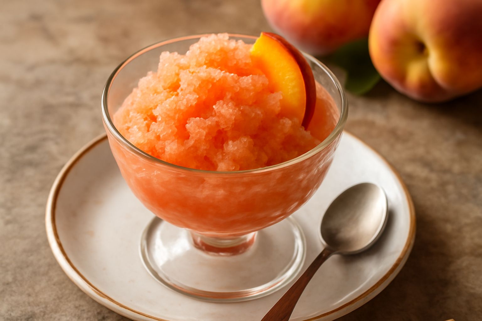 Granita di pesche servita in coppa trasparente, color arancio rosato intenso, con cristalli di ghiaccio visibili, guarnita con una fetta di pesca fresca e foglia di menta, su un piatto bianco