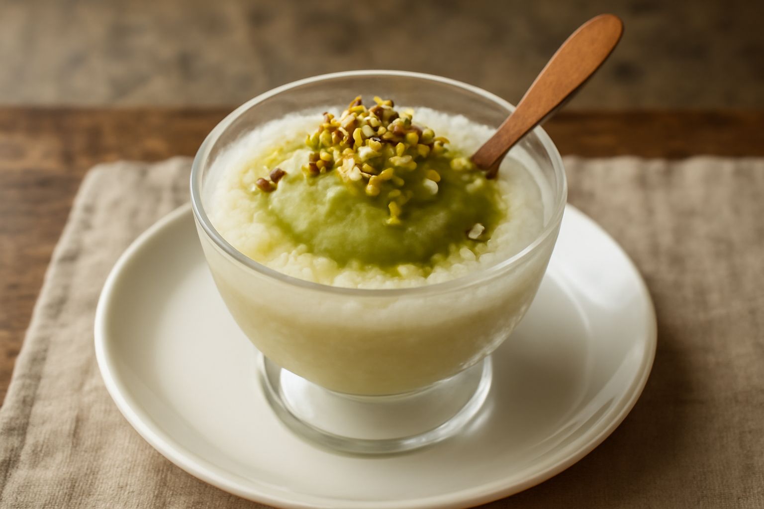 Granita di pistacchio in una coppetta di vetro trasparente, cremosa e dal verde intenso, guarnita con granella di pistacchio verde chiaro, posata su un piattino bianco con un cucchiaio, luce naturale